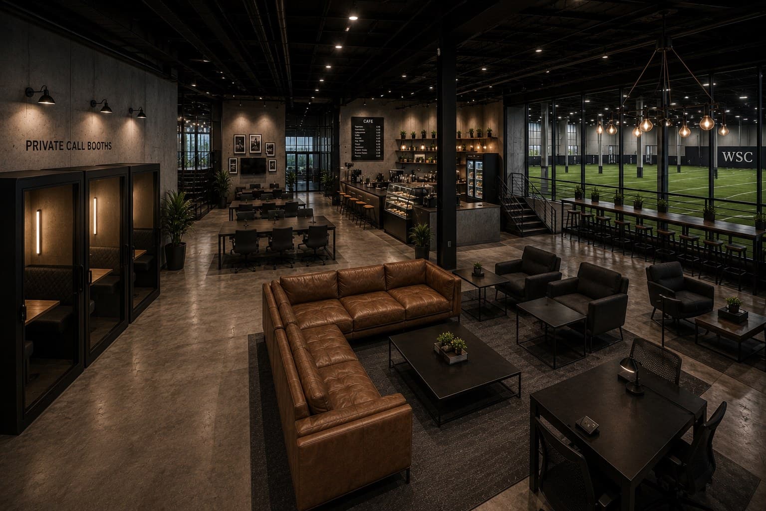 The planned Parent Club lounge with coworking tables and private call booths